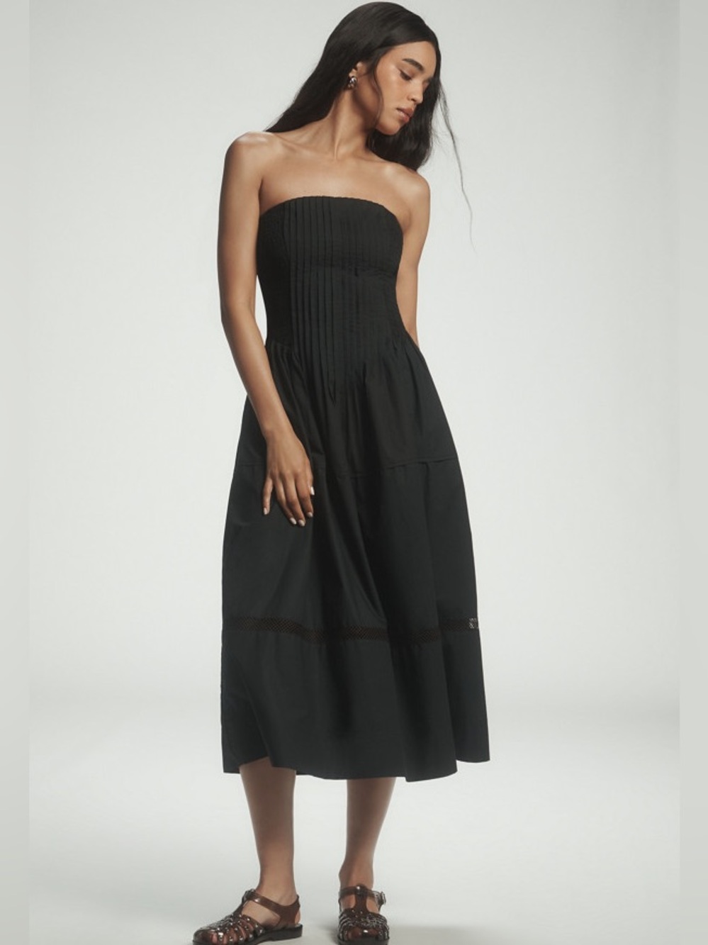 Anthropologie Cotton Poplin Black Strapless Midi Dress